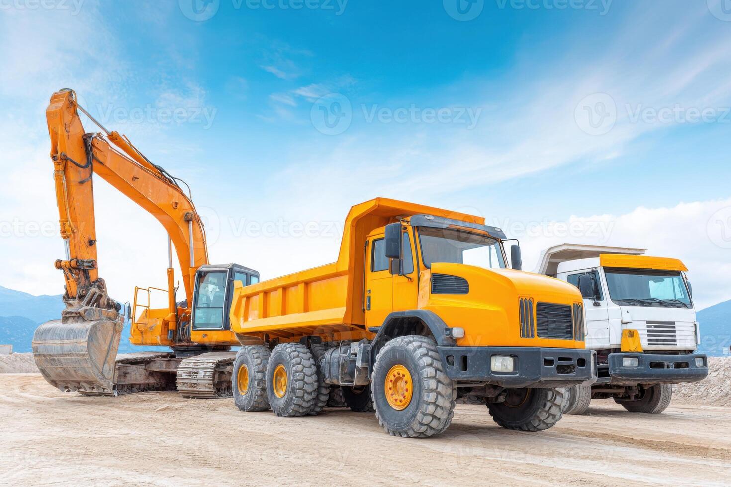 Illustrative excavator and dump truck at a construction site